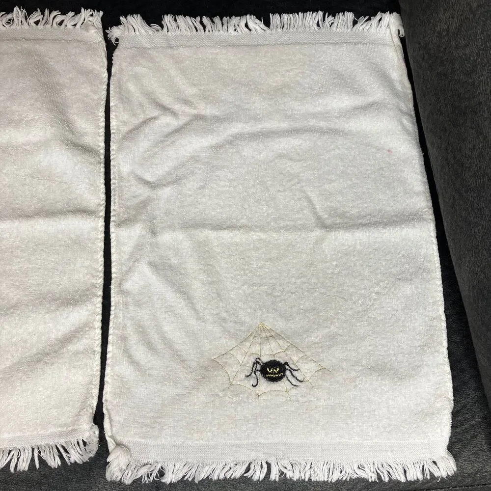 Set Of 2 White Embroidered BOO Spider Web Kitchen Dish or Hand Towels Halloween